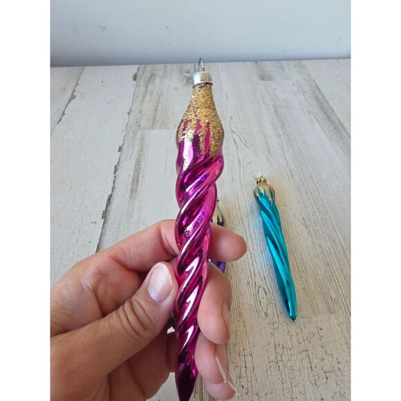 Vintage Germany Mercury icicle glitter gold ornament glass blue purple pink set - Picture 5 of 12